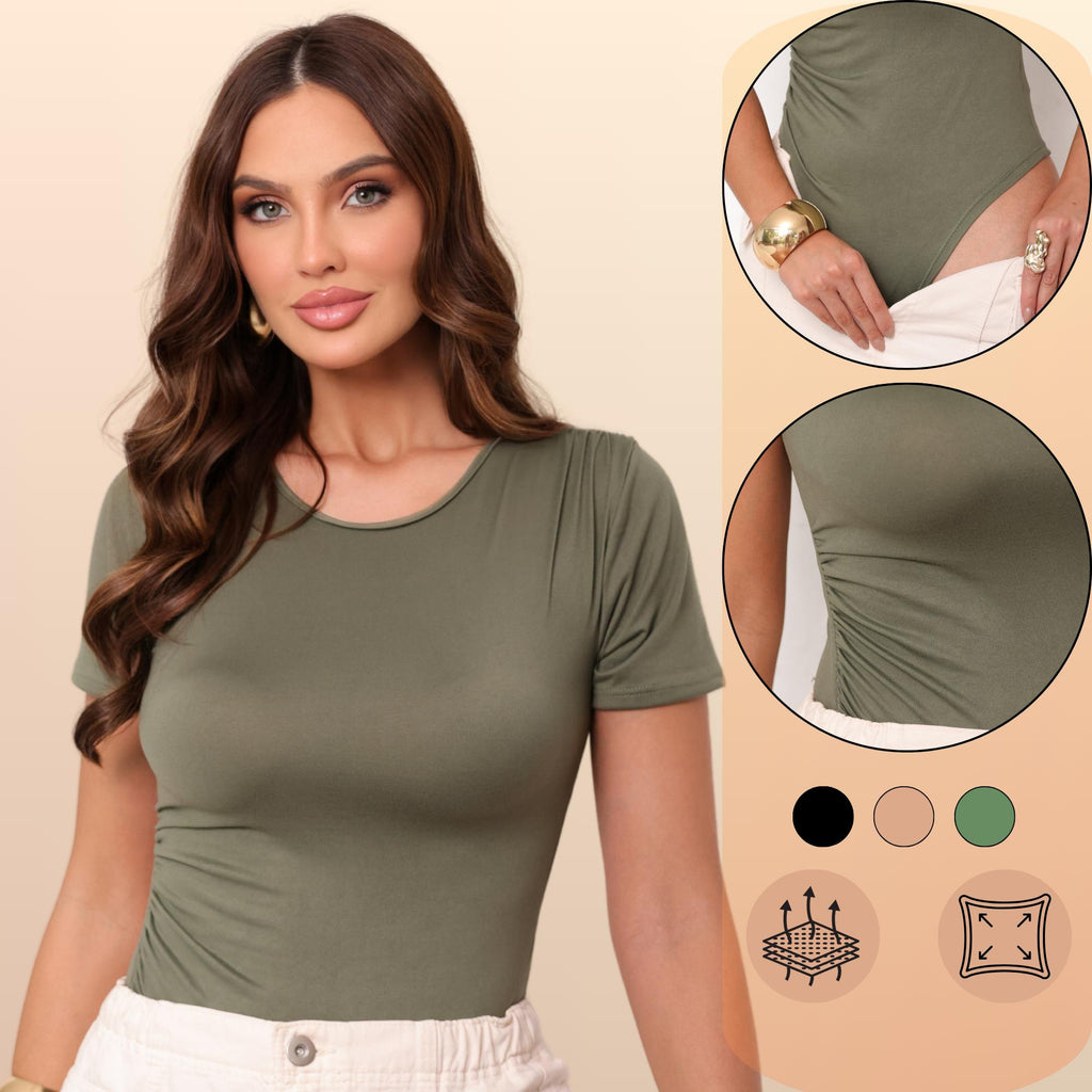 KIT 3 Body Feminino Manga Curta Drapeado Gola Redonda Moda Verão