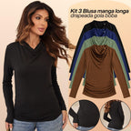 KIT 3  Blusas Manga Longa Feminina Cacharrel Gola Boba Drapeada Segunda Pele Para o Frio Inverno