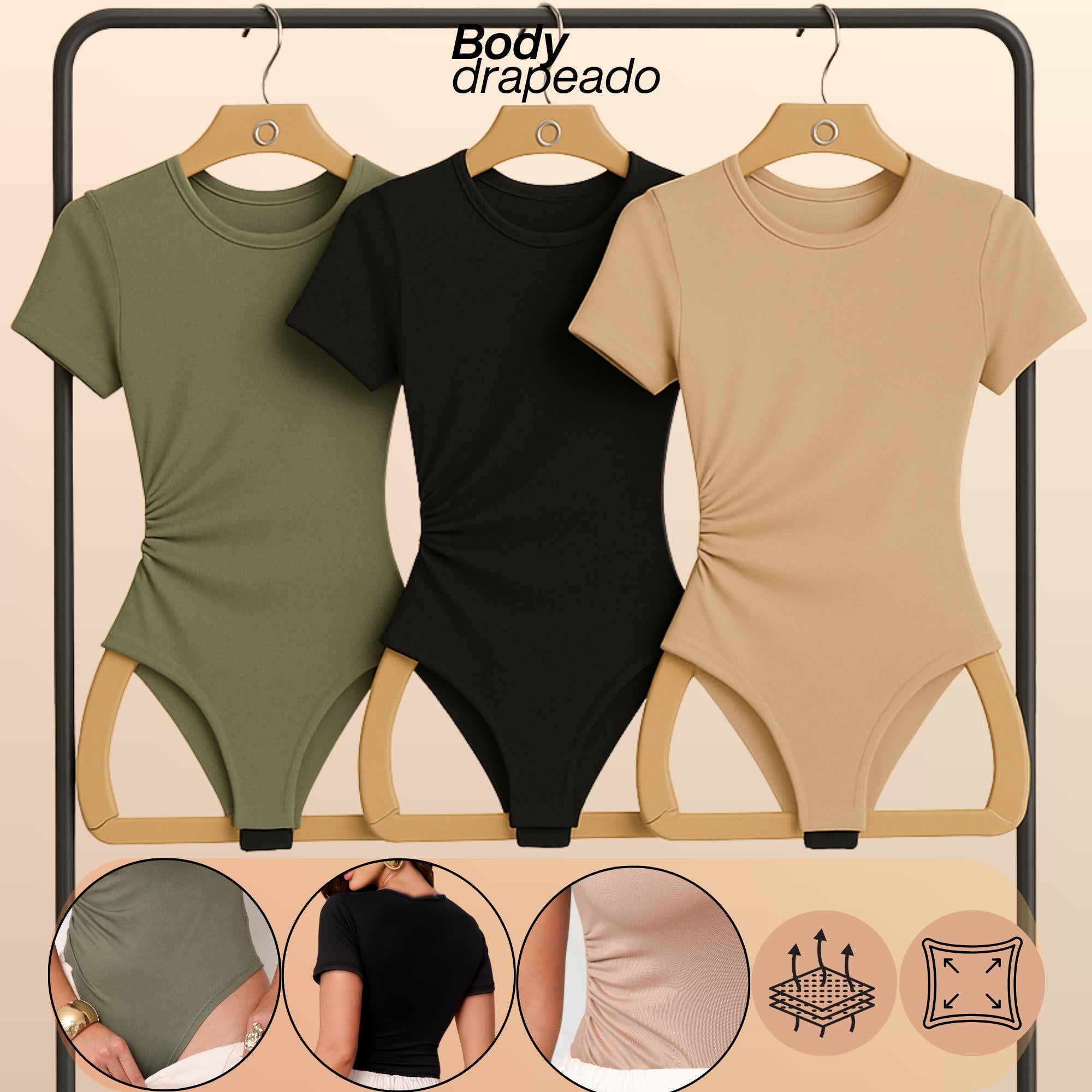 KIT 3 Body Feminino Manga Curta Drapeado Gola Redonda Moda Verão