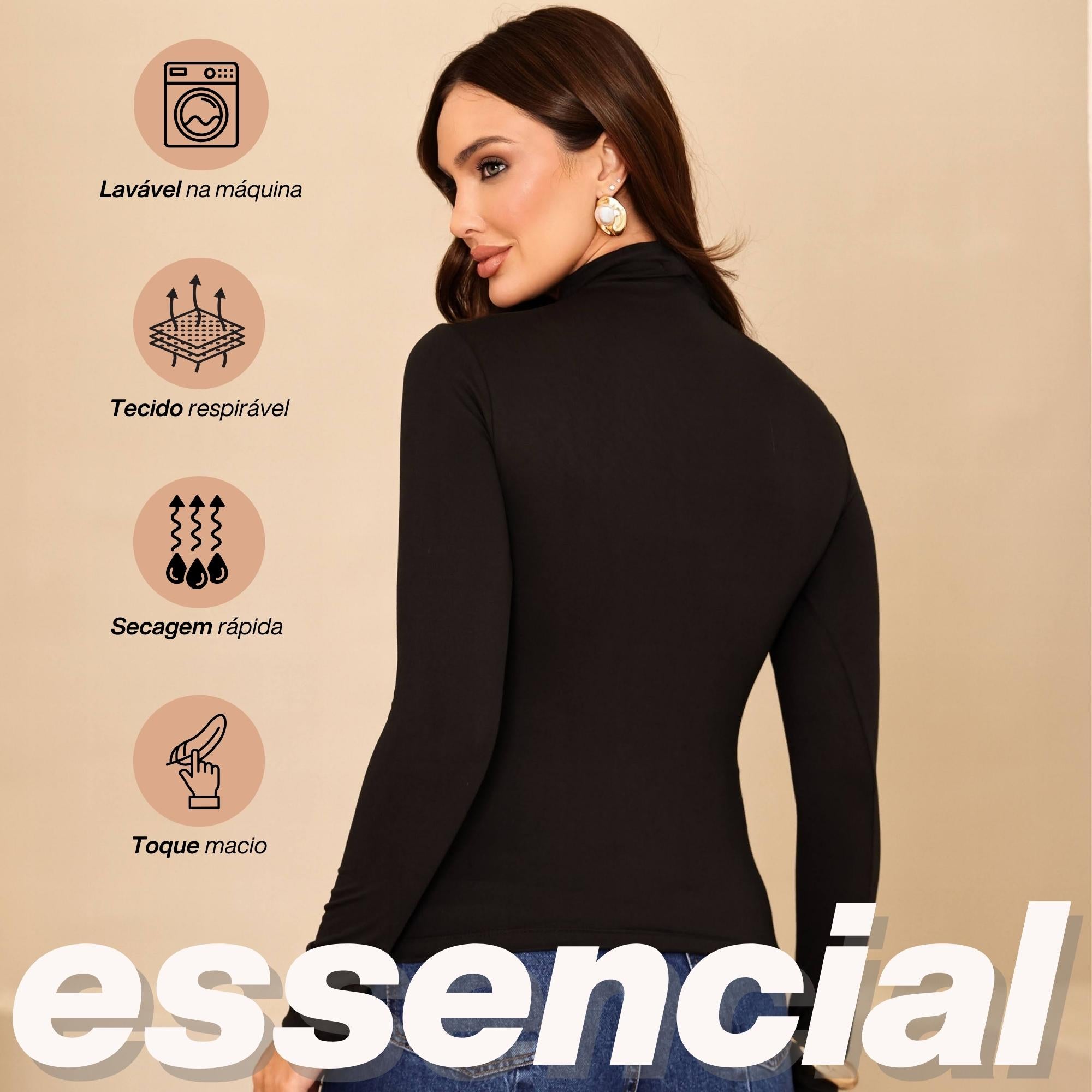 KIT 3 Blusa Feminina Gola Alta Manga Longa Segunda Pele Suede Toque de Pessego