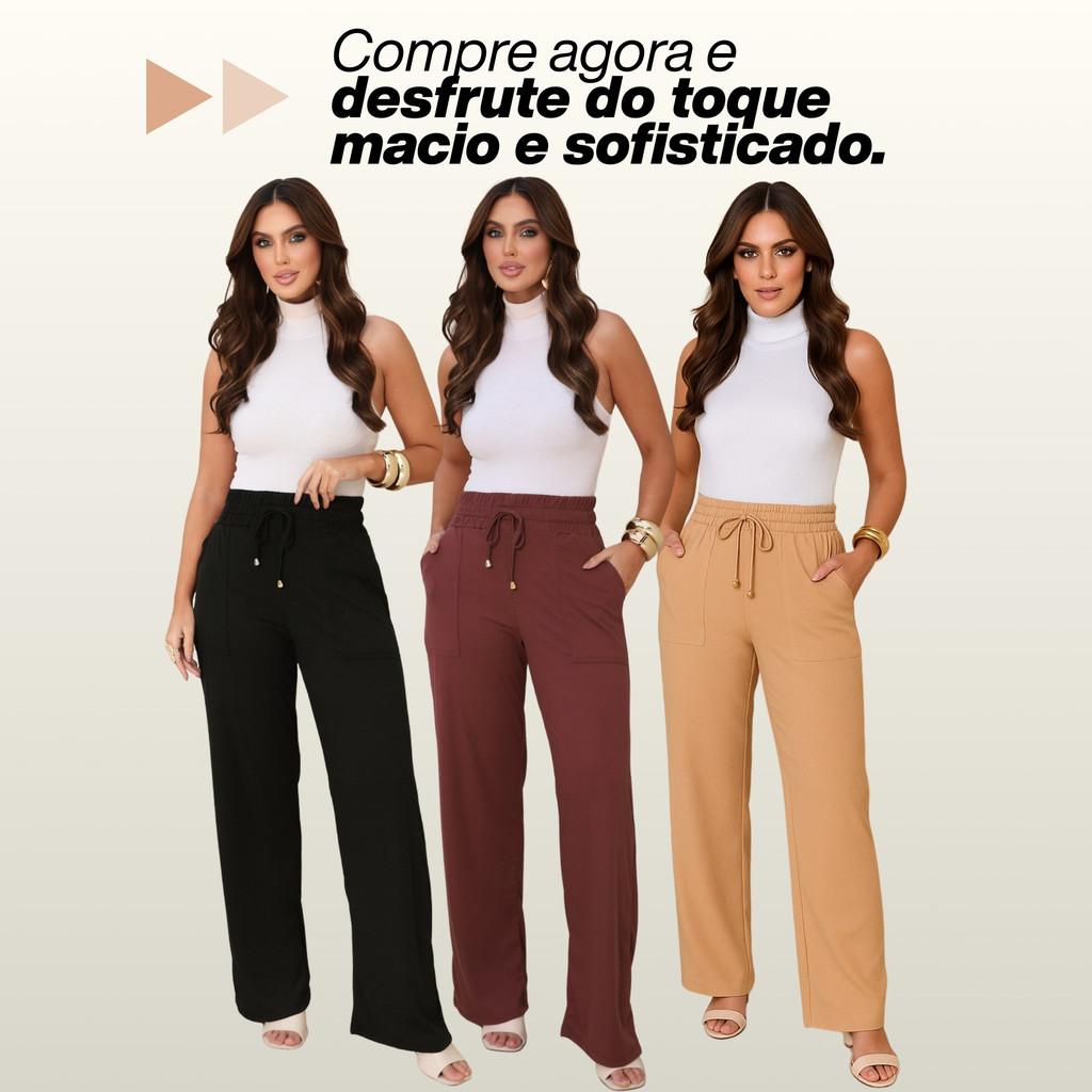Calça Pantalona Feminina Cintura Alta Canelada Com Bolsos Estilizados Para o Verão
