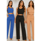 Conjunto Feminino Calça Pantalona e Blusa Regata Canelada Cintura Alta Moda Verão