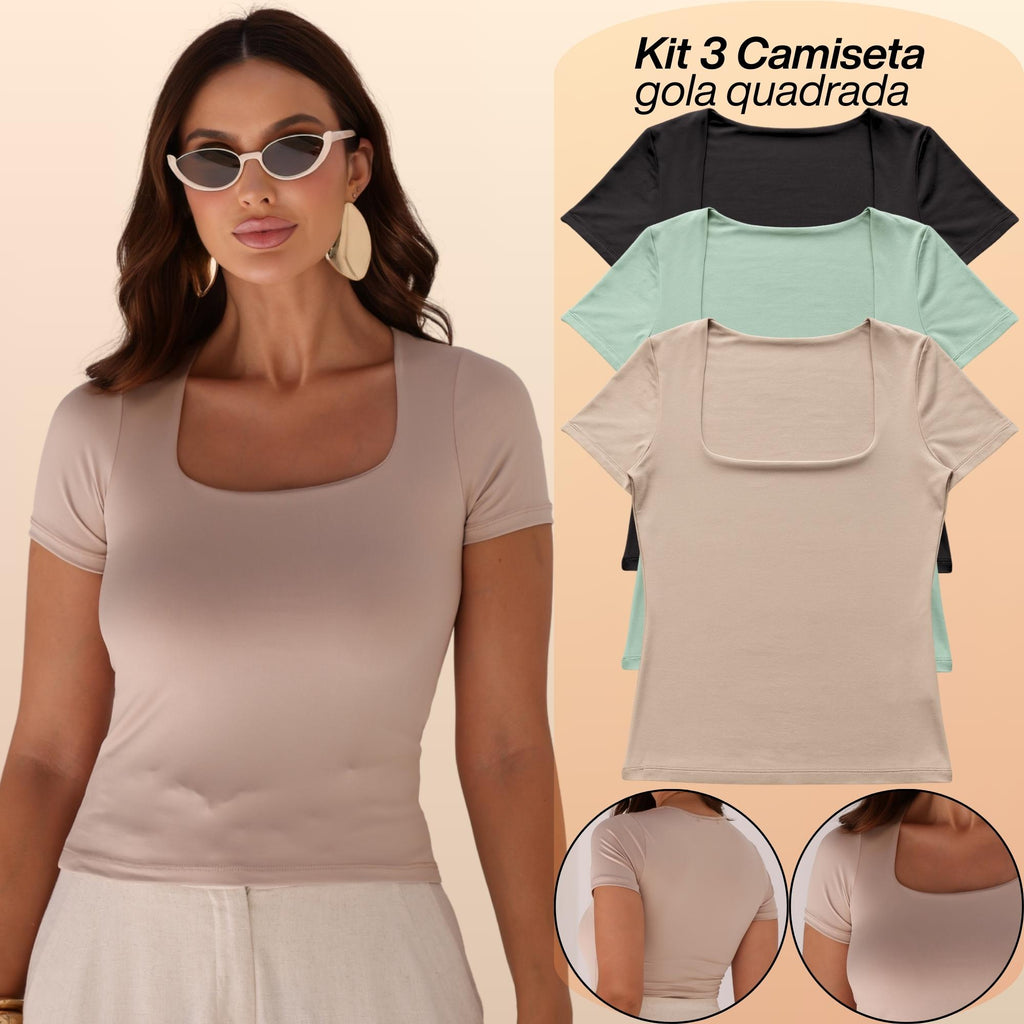 KIT 3 Blusa Feminina Camiseta Gola Quadrada Manga Curta Lisa Suplex Verão