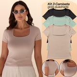 KIT 3 Blusa Feminina Camiseta Gola Quadrada Manga Curta Lisa Suplex Verão
