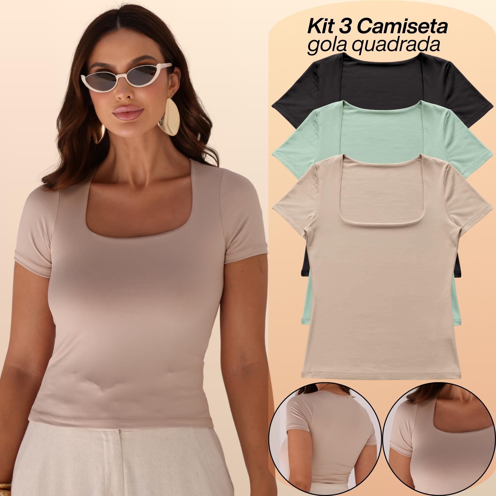 KIT 3 Blusa Feminina Camiseta Gola Quadrada Manga Curta Lisa Suplex Verão