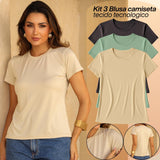 KIT 3 Camiseta Feminina Lisa Básica Blusa Suede Toque de Pessego Moda Verão