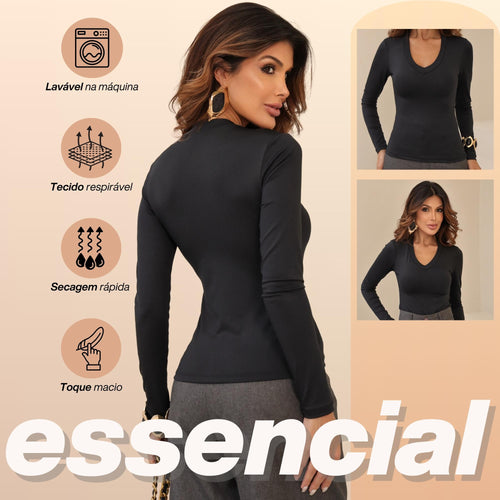 KIT 3  Blusas Feminina Manga Longa Gola V Segunda Pele Básica Para o Frio Inverno