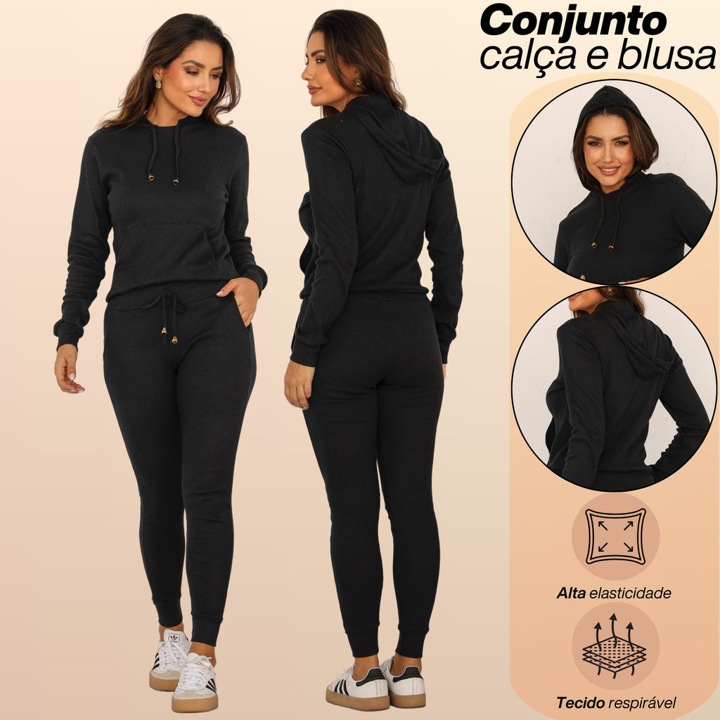Conjunto Feminino Calça Jogger e Blusa Canguru Com Capuz