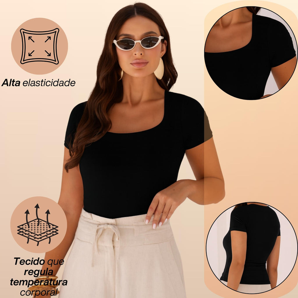 KIT 3 Blusa Feminina Camiseta Gola Quadrada Manga Curta Lisa Suplex Verão