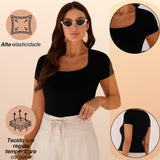 KIT 3 Blusa Feminina Camiseta Gola Quadrada Manga Curta Lisa Suplex Verão