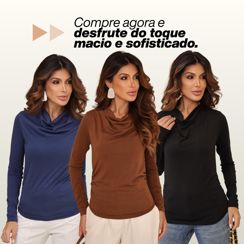 KIT 3  Blusas Manga Longa Feminina Cacharrel Gola Boba Drapeada Segunda Pele Para o Frio Inverno