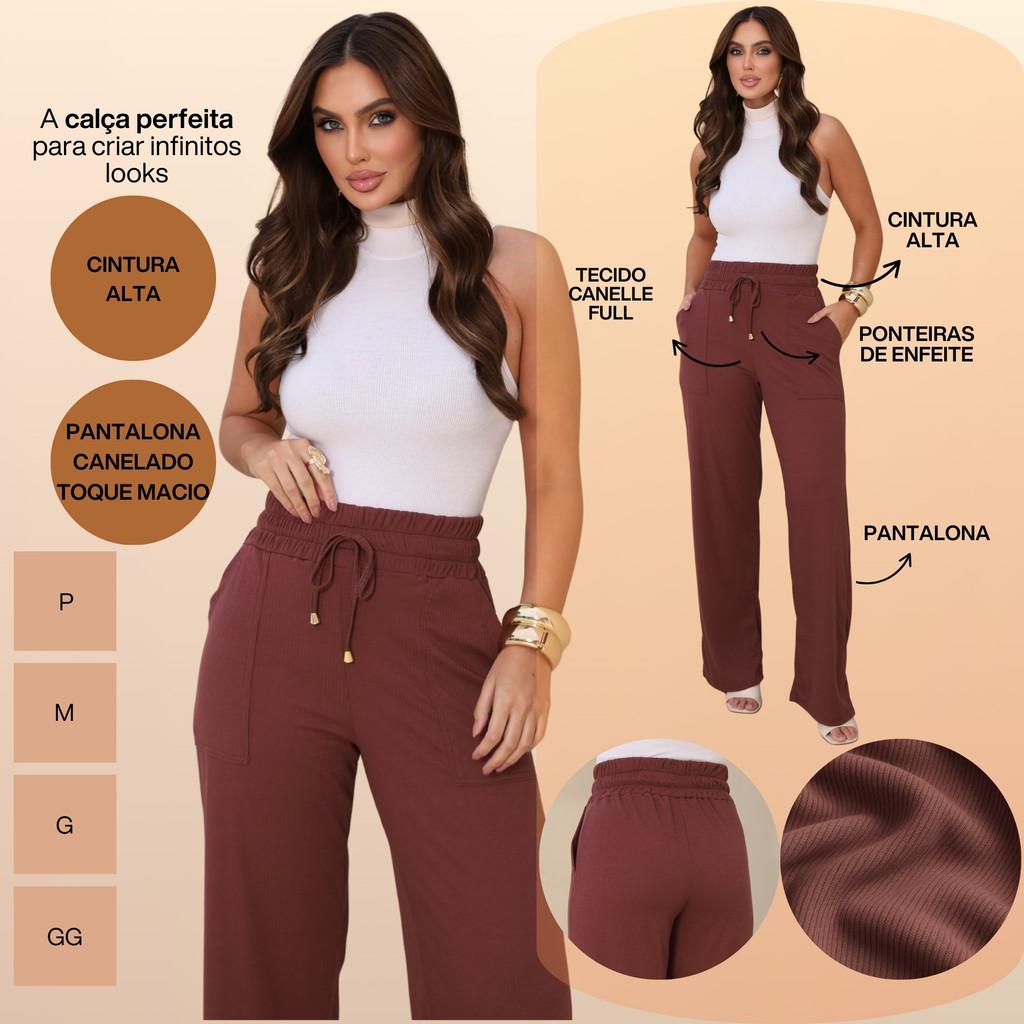 Calça Pantalona Feminina Cintura Alta Canelada Com Bolsos Estilizados Para o Verão