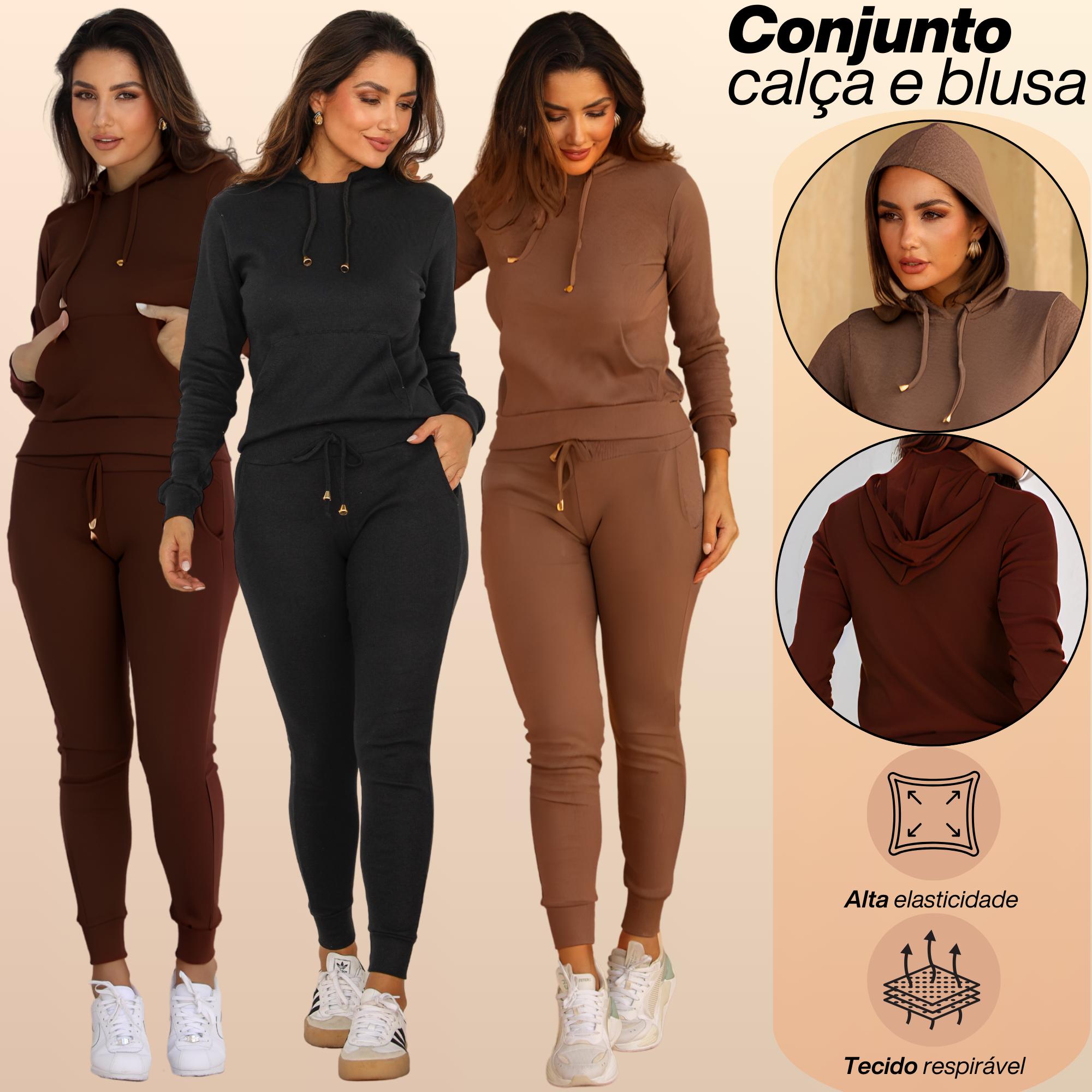 Conjunto Feminino Calça Jogger e Blusa Canguru Com Capuz