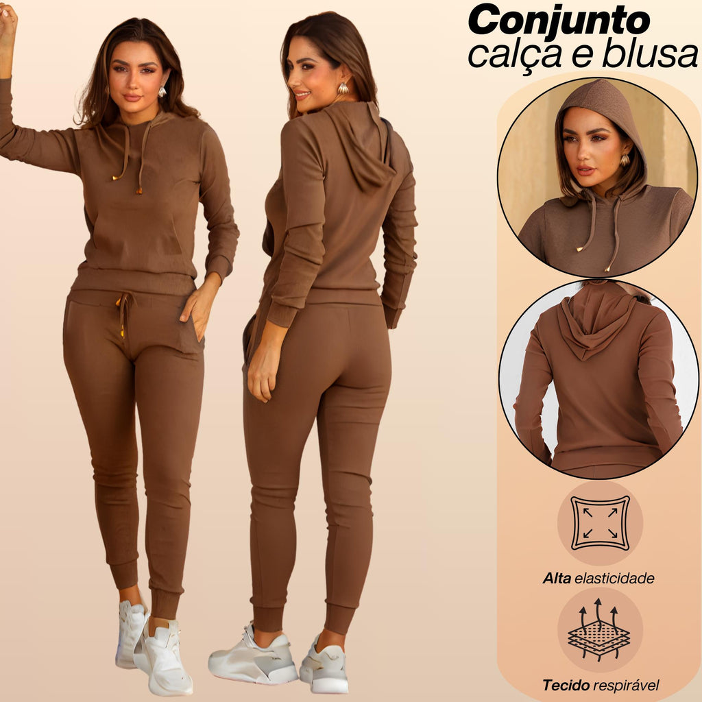Conjunto Feminino Calça Jogger e Blusa Canguru Com Capuz