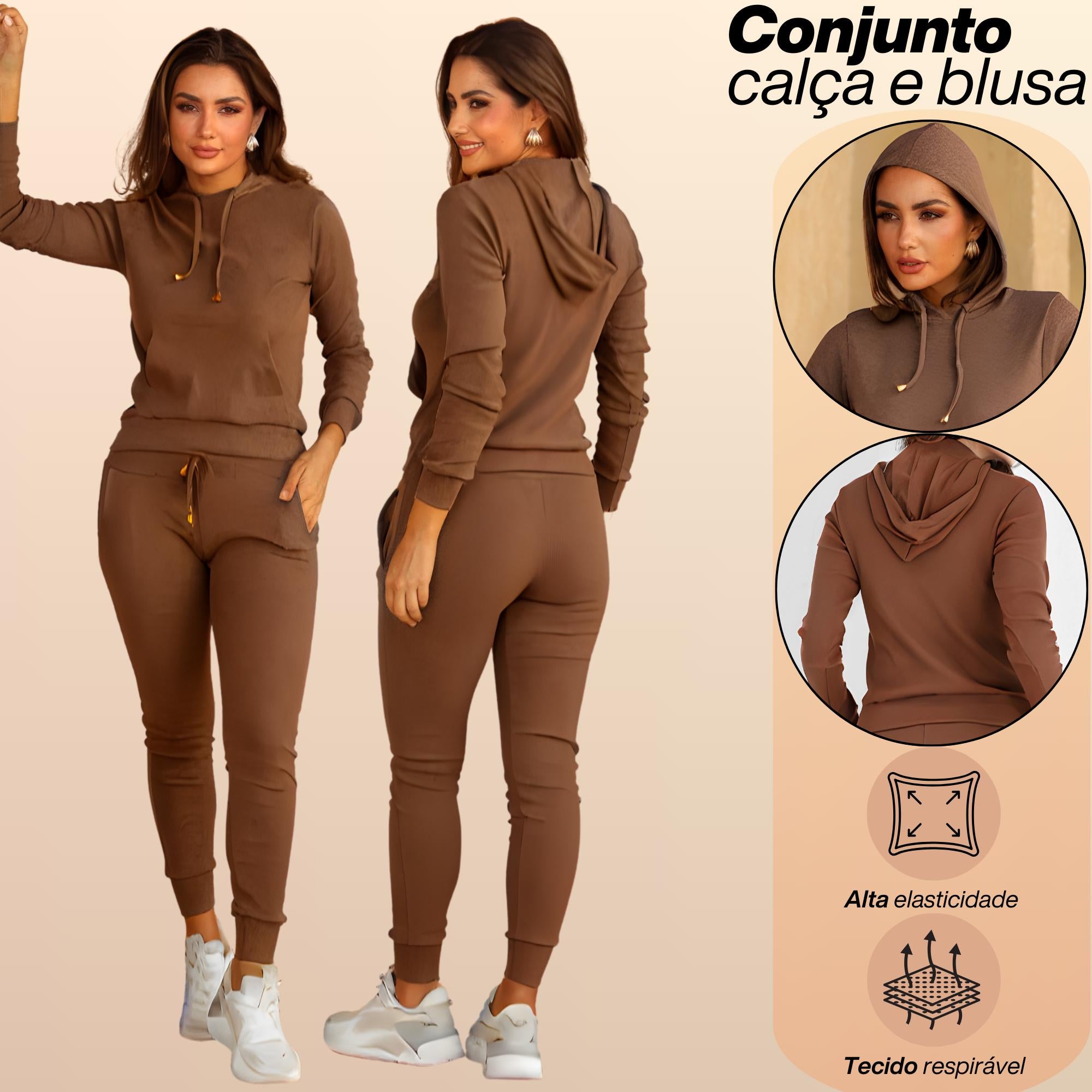 Conjunto Feminino Calça Jogger e Blusa Canguru Com Capuz