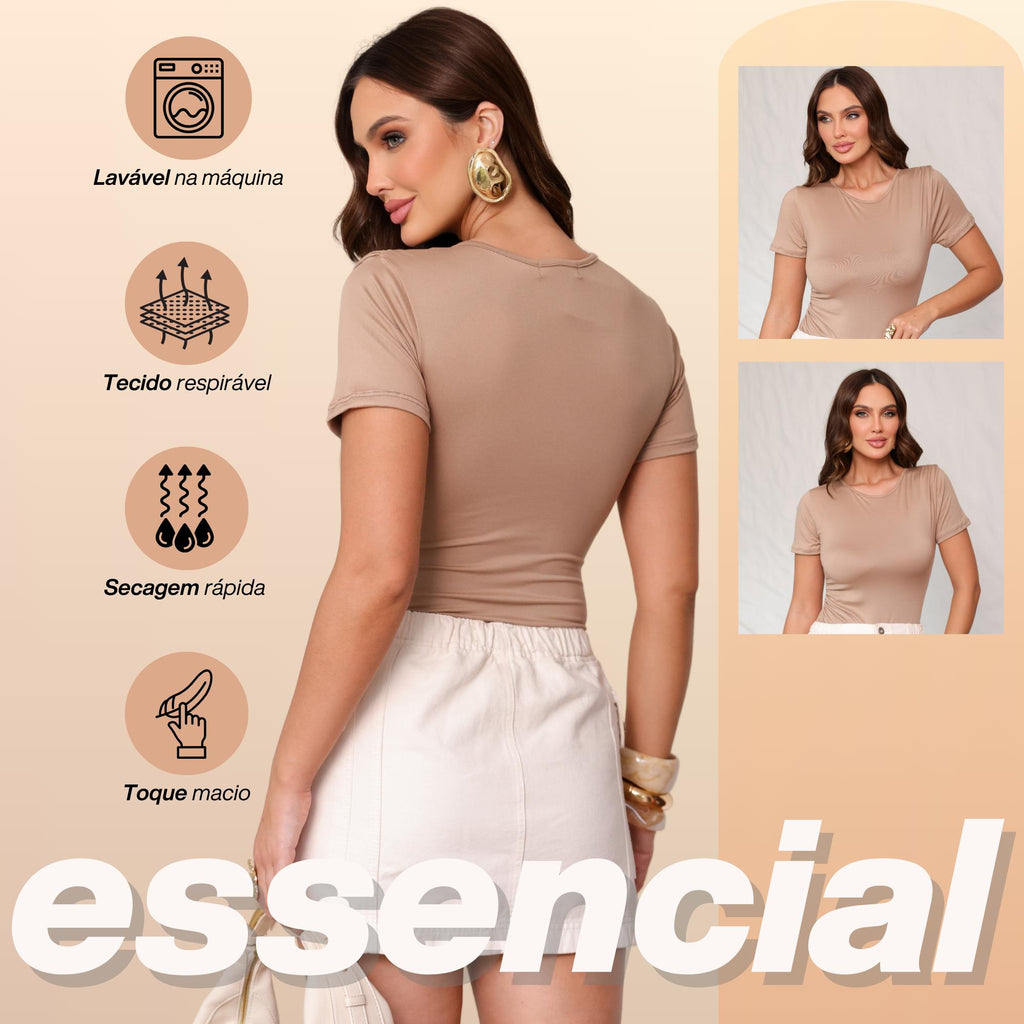 KIT 3 Body Feminino Manga Curta Drapeado Gola Redonda Moda Verão