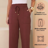 Calça Pantalona Feminina Cintura Alta Canelada Com Bolsos Estilizados Para o Verão