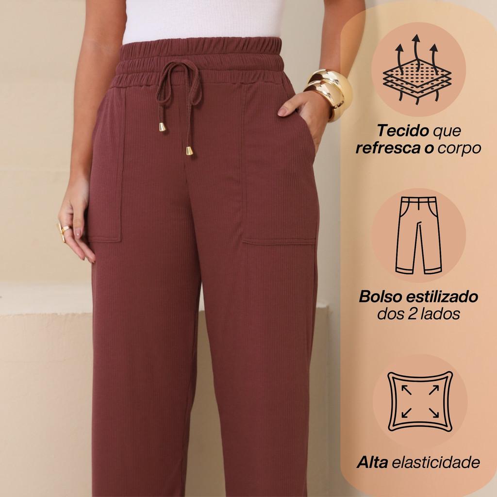 Calça Pantalona Feminina Cintura Alta Canelada Com Bolsos Estilizados Para o Verão