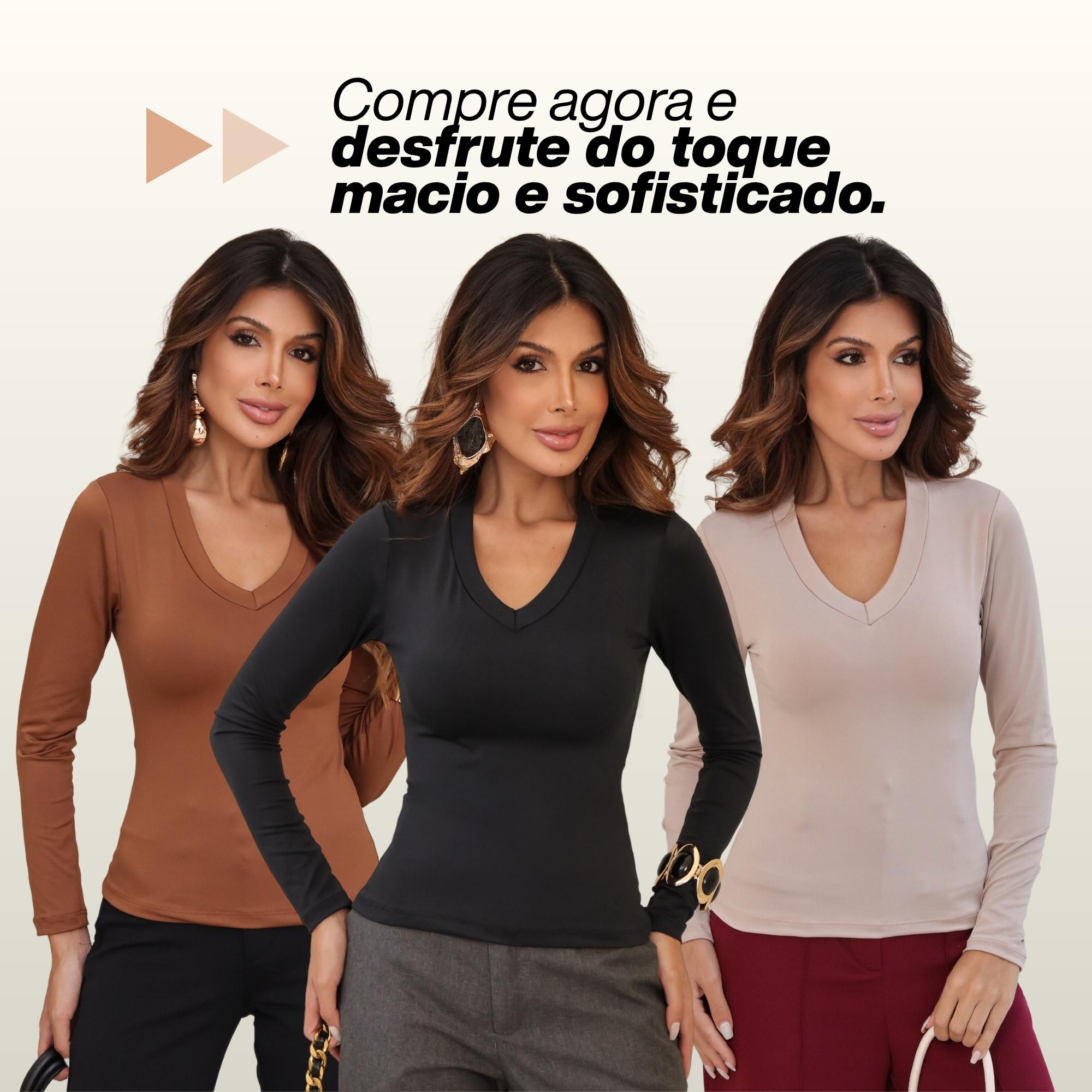 KIT 3  Blusas Feminina Manga Longa Gola V Segunda Pele Básica Para o Frio Inverno