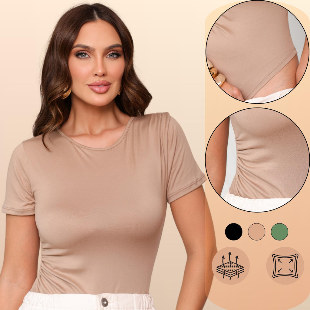 KIT 3 Body Feminino Manga Curta Drapeado Gola Redonda Moda Verão