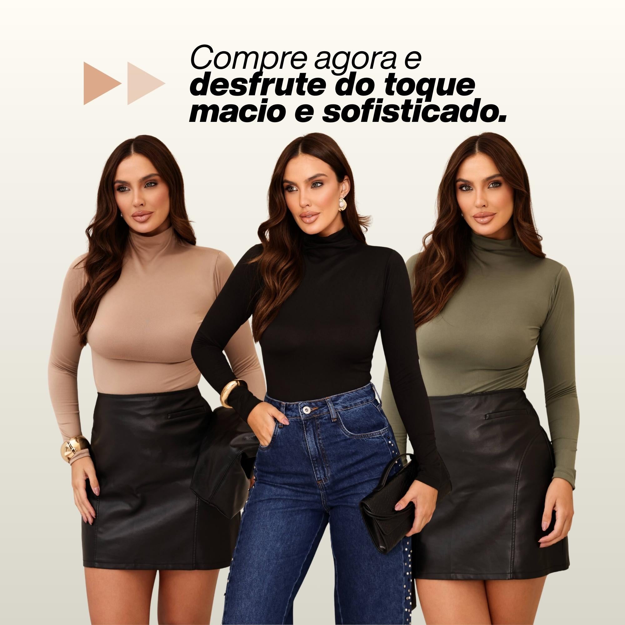 KIT 3 Blusa Feminina Gola Alta Manga Longa Segunda Pele Suede Toque de Pessego