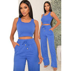 Conjunto Feminino Calça Pantalona e Blusa Regata Canelada Cintura Alta Moda Verão