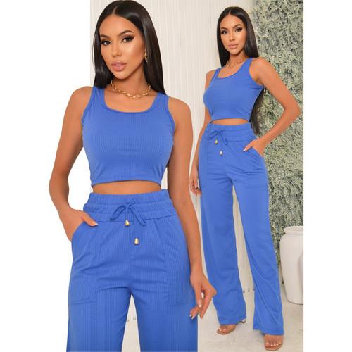 Conjunto Feminino Calça Pantalona e Blusa Regata Canelada Cintura Alta Moda Verão