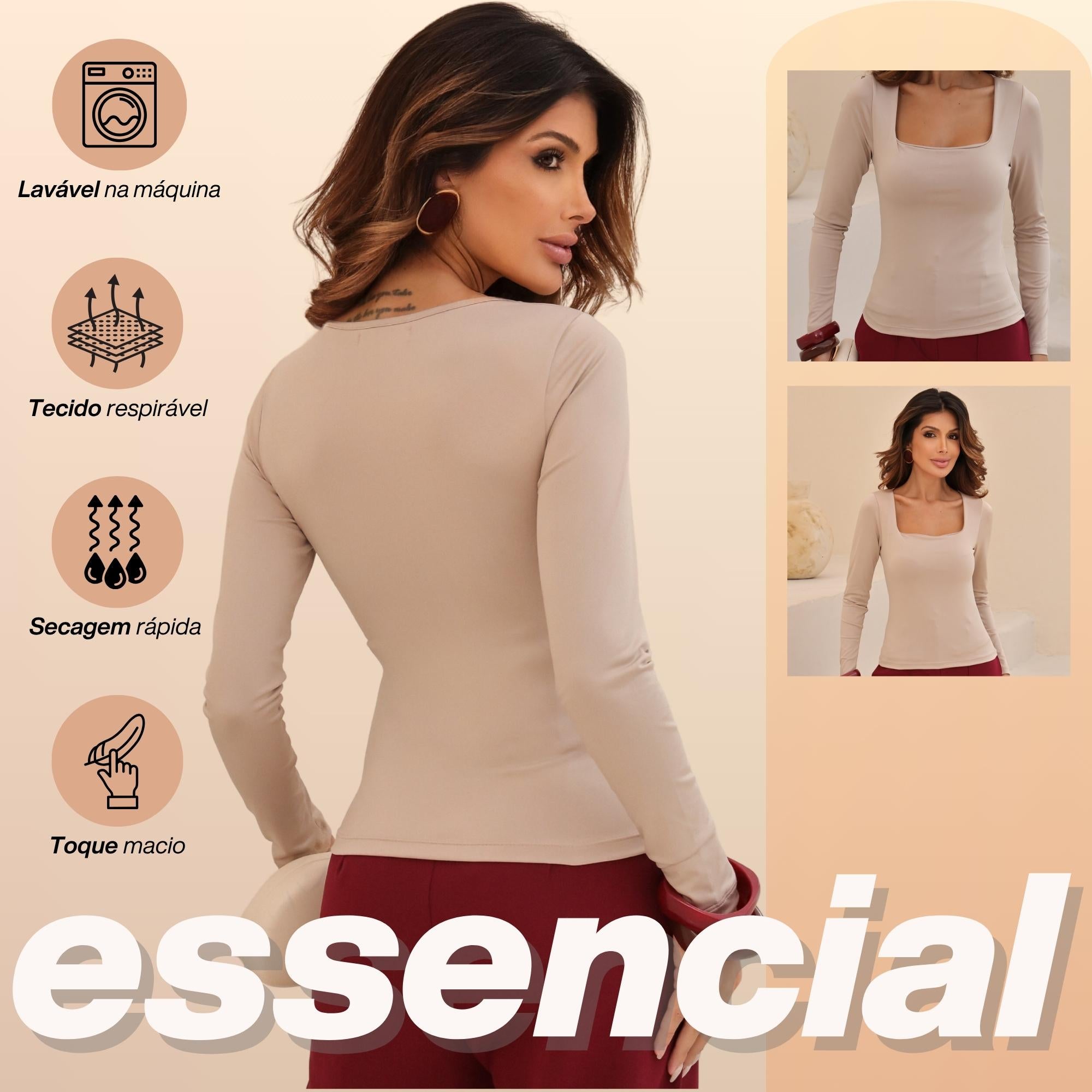 KIT 3 Blusas Feminina Gola Quadrada Manga Longa Segunda Pele Suplex Básica Para o Frio Inverno