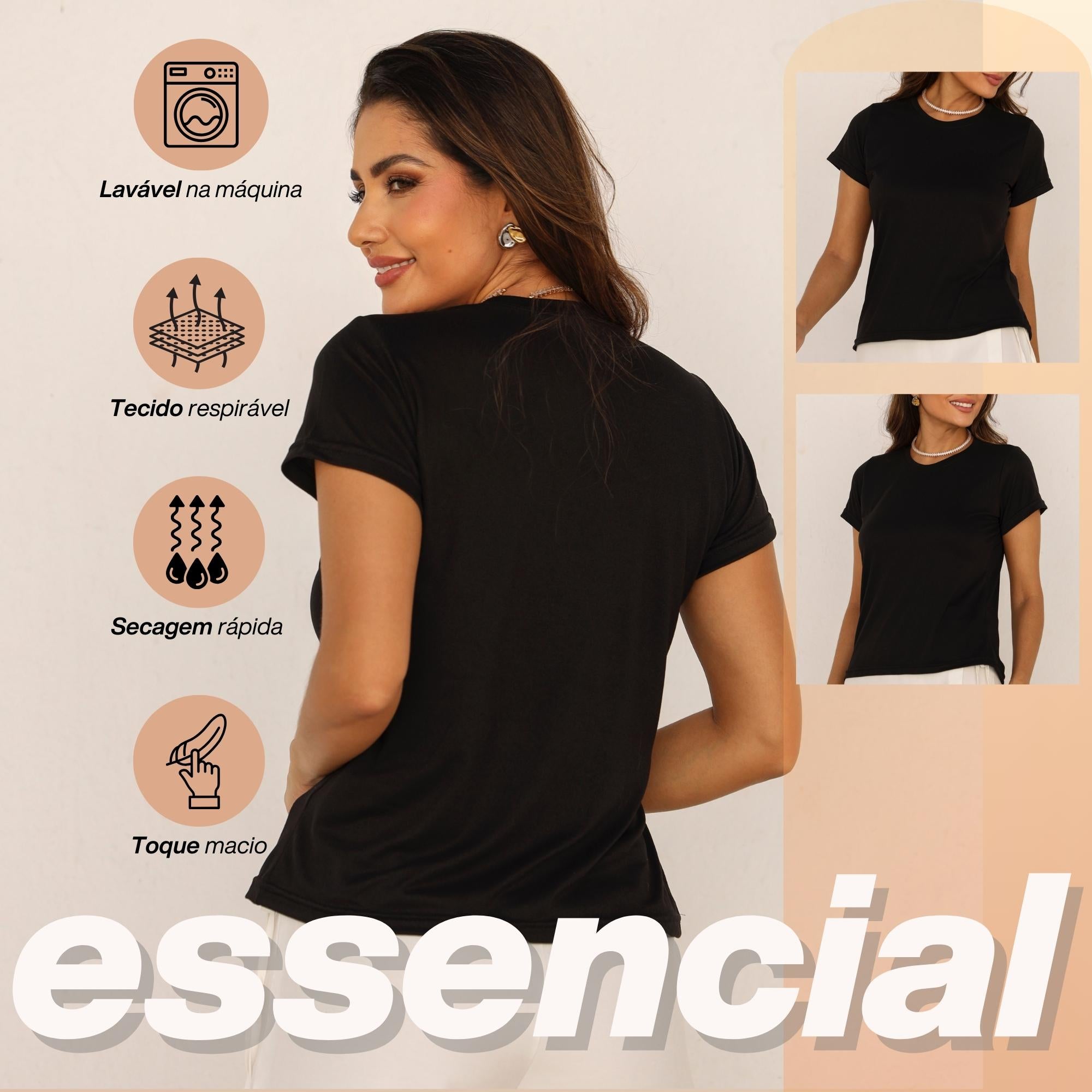 KIT 3 Camiseta Feminina Lisa Básica Blusa Suede Toque de Pessego Moda Verão