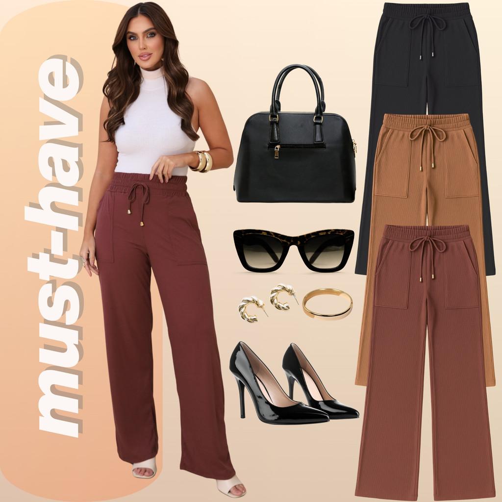 Calça Pantalona Feminina Cintura Alta Canelada Com Bolsos Estilizados Para o Verão
