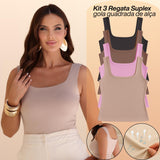 KIT 3 Blusa Regata Feminina Gola Quadrada Suplex Toque Frio Moda Verão