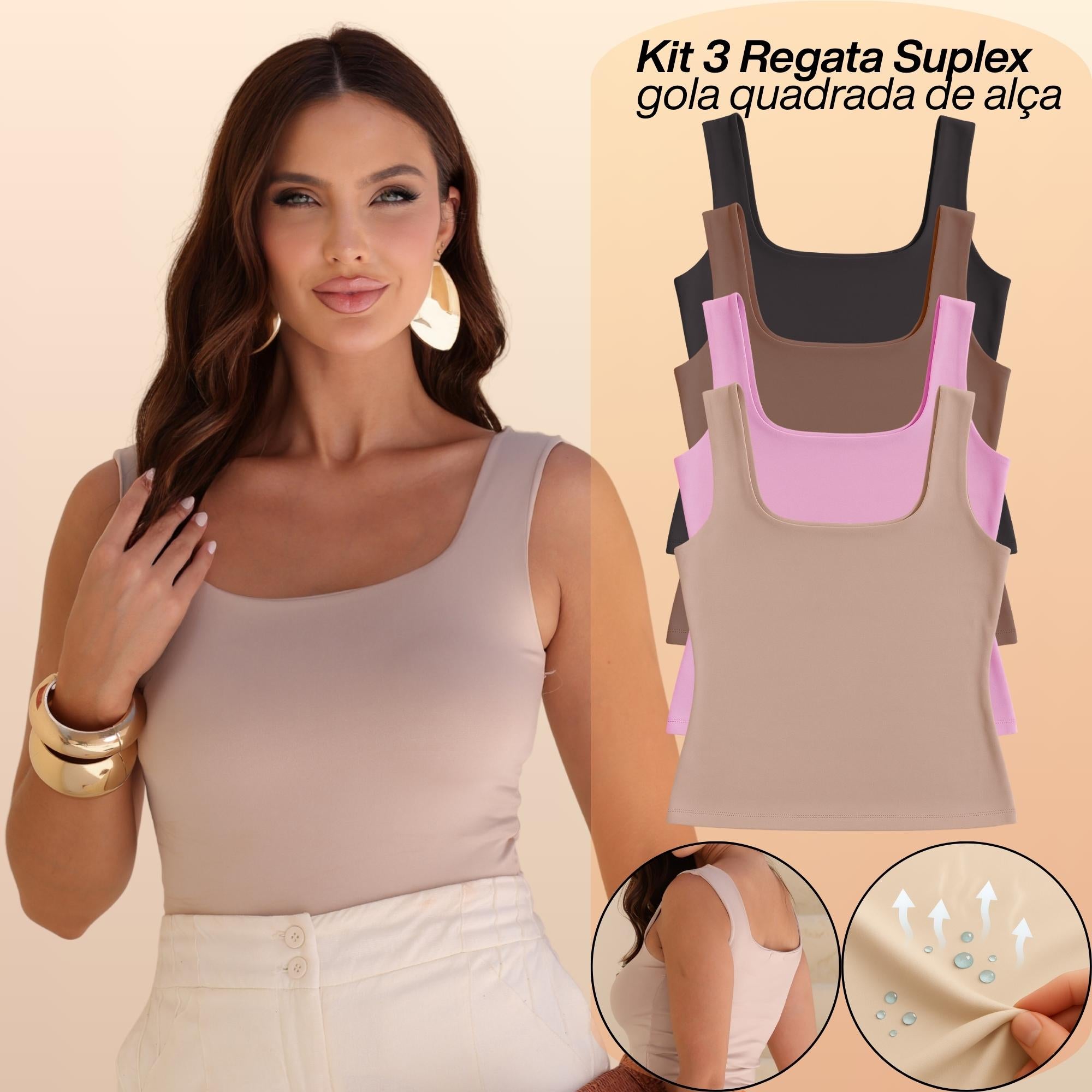 KIT 3 Blusa Regata Feminina Gola Quadrada Suplex Toque Frio Moda Verão