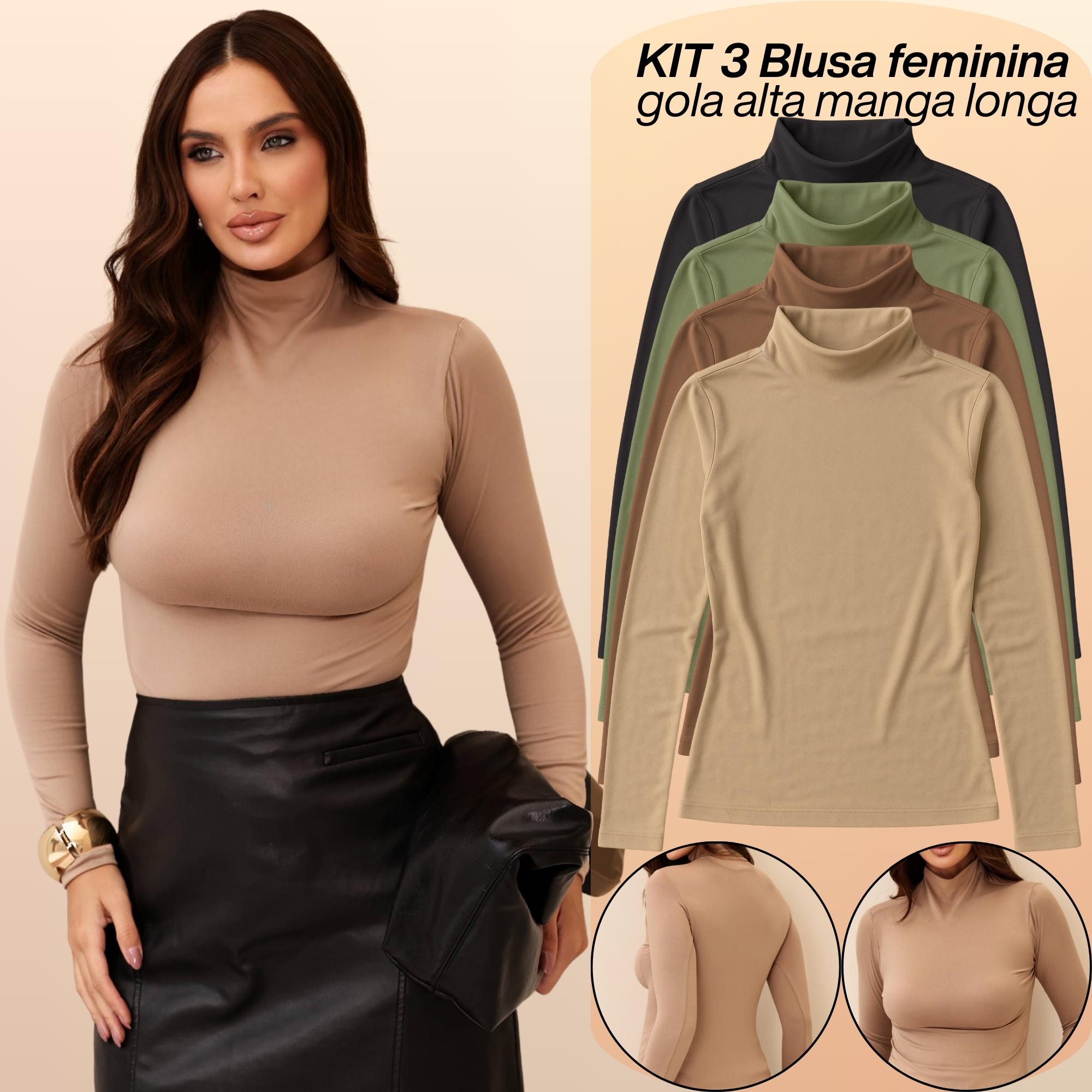 KIT 3 Blusa Feminina Gola Alta Manga Longa Segunda Pele Suede Toque de Pessego
