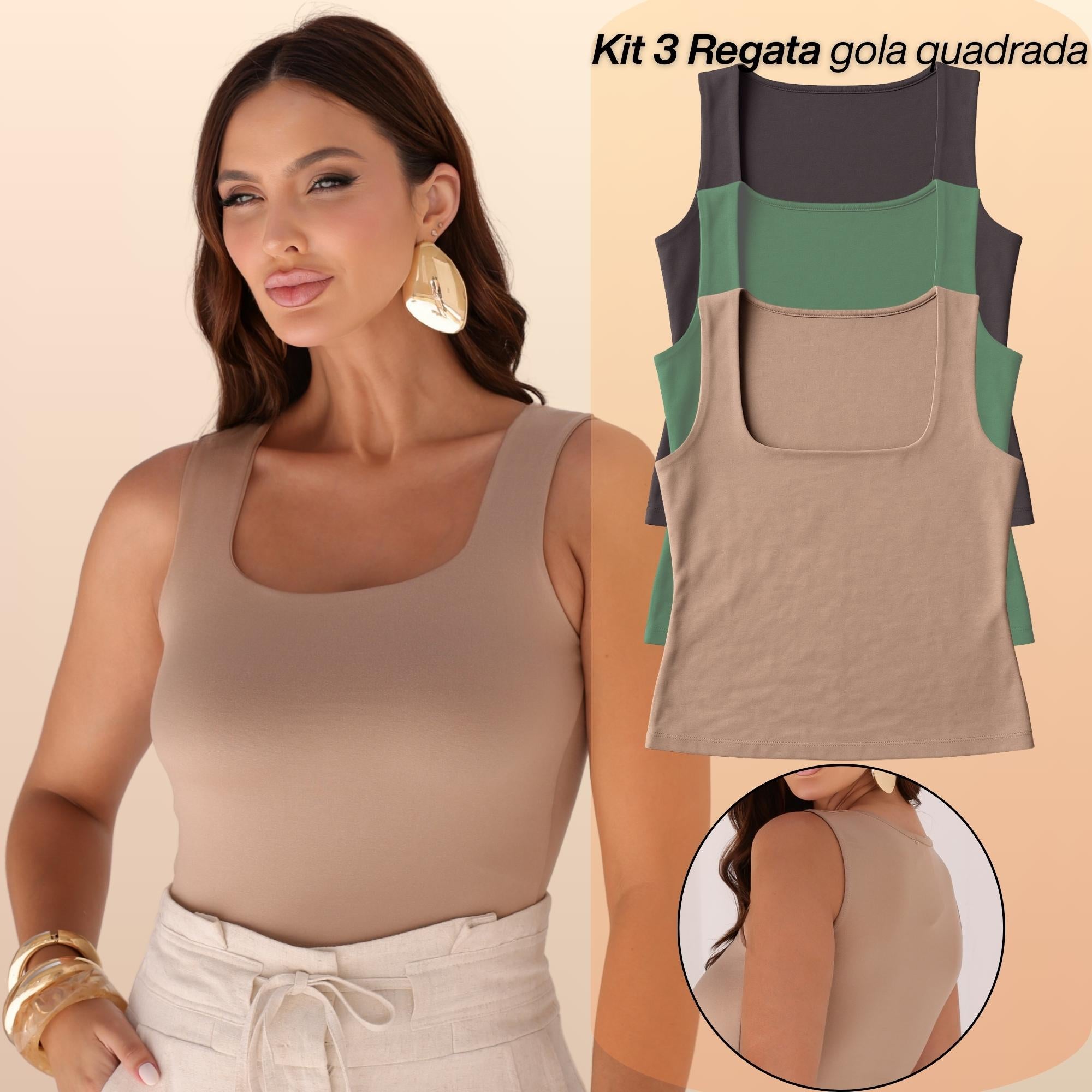 KIT 3 Blusas Regata Feminina Gola Quadrada Alça Larga Moda Verão