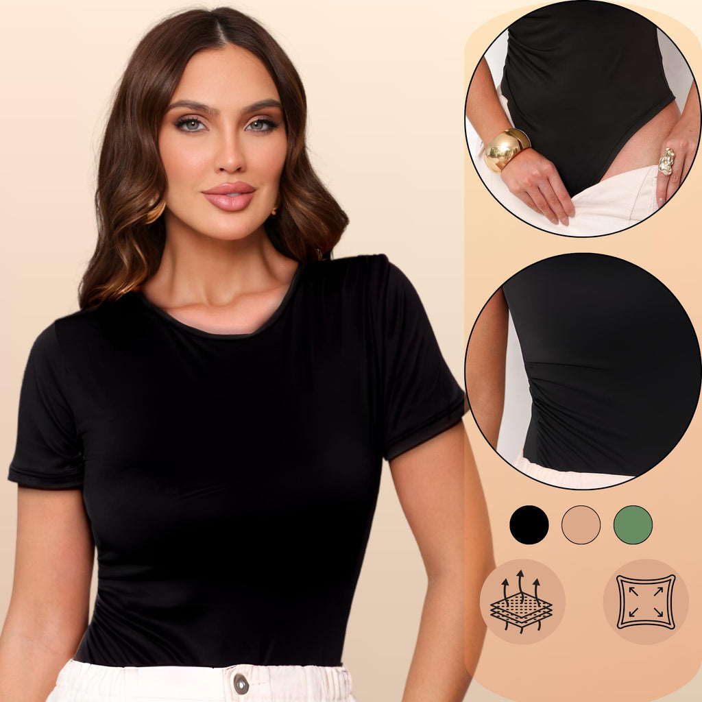 KIT 3 Body Feminino Manga Curta Drapeado Gola Redonda Moda Verão