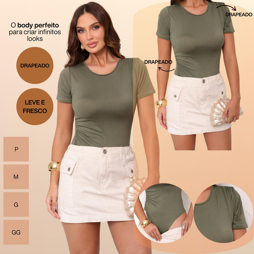 KIT 3 Body Feminino Manga Curta Drapeado Gola Redonda Moda Verão