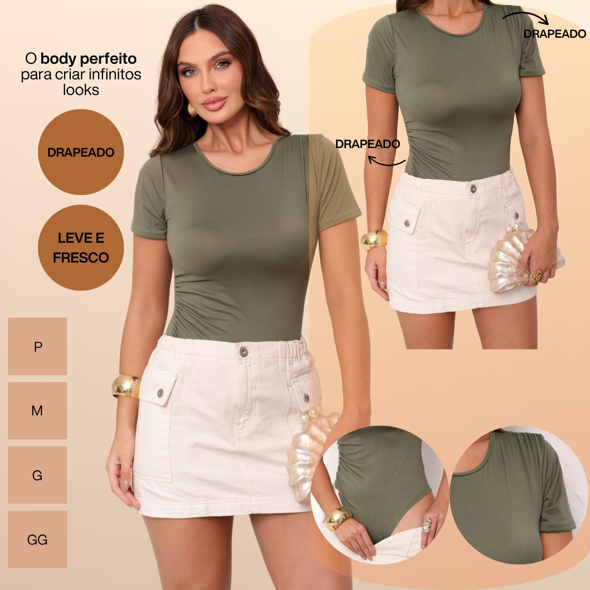 KIT 3 Body Feminino Manga Curta Drapeado Gola Redonda Moda Verão