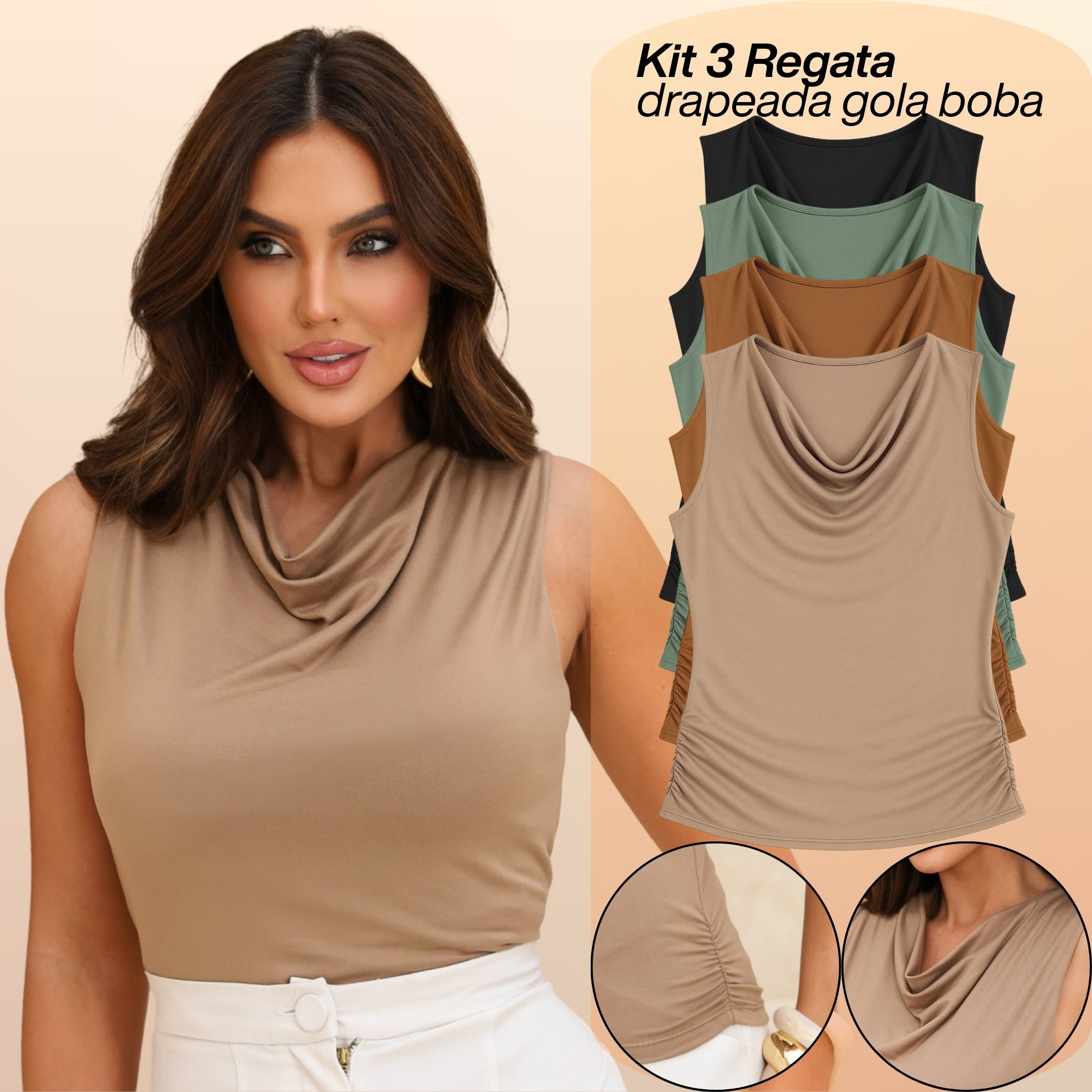KIT 3 Blusas Regata Feminina Drapeada Gola Boba Malha Fresca Moda Verão