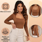 KIT 3 Blusas Feminina Gola Quadrada Manga Longa Segunda Pele Suplex Básica Para o Frio Inverno