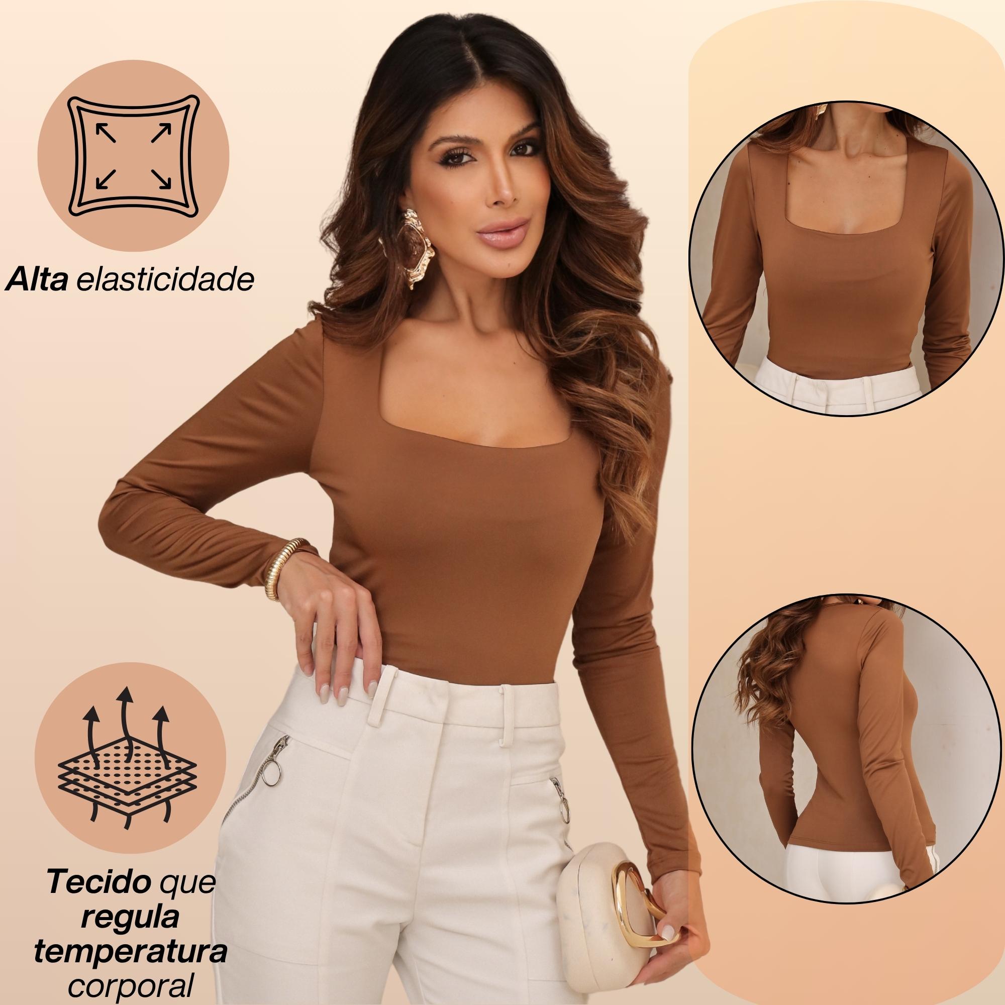 KIT 3 Blusas Feminina Gola Quadrada Manga Longa Segunda Pele Suplex Básica Para o Frio Inverno