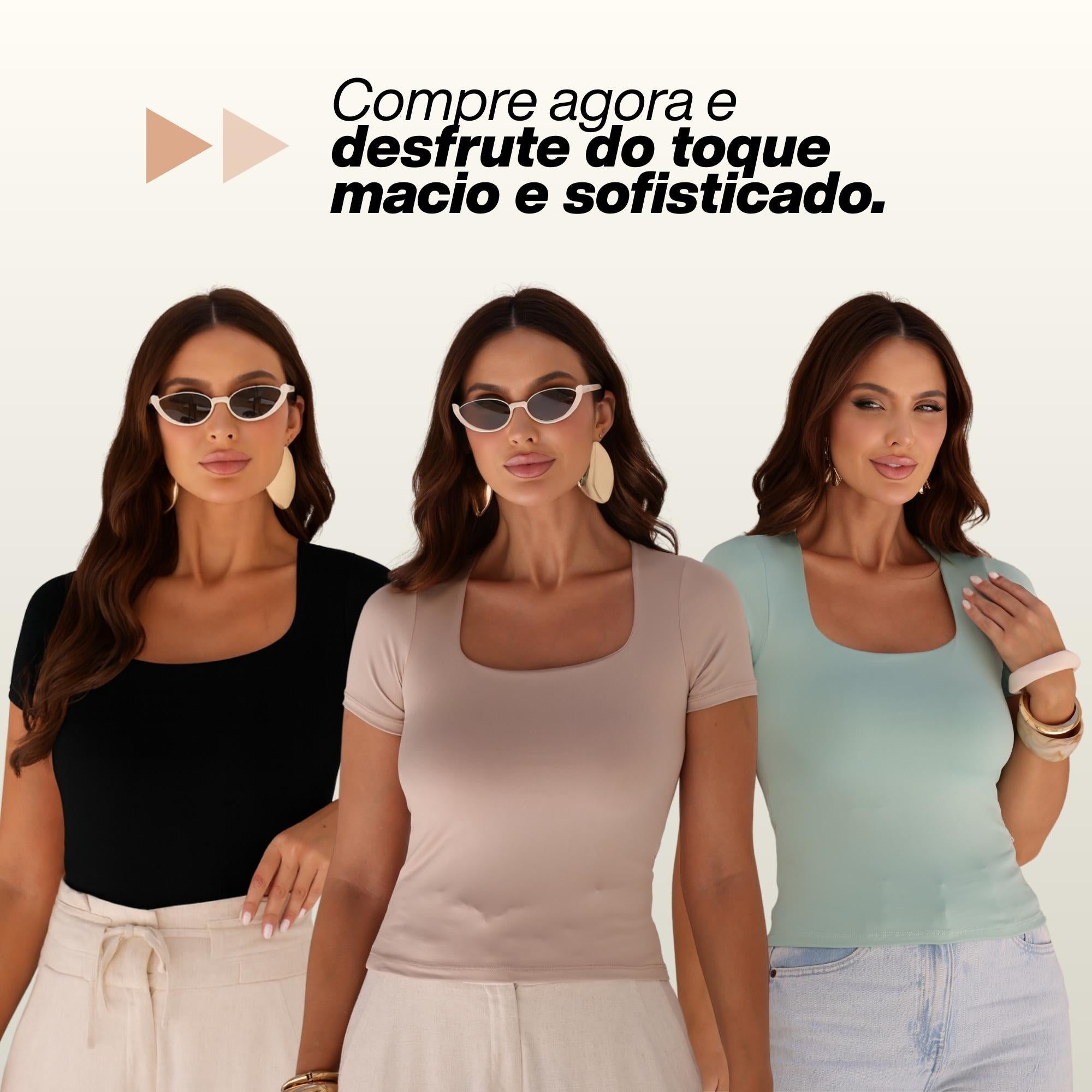 KIT 3 Blusa Feminina Camiseta Gola Quadrada Manga Curta Lisa Suplex Verão