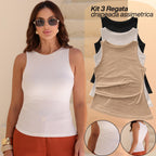 KIT 3 Blusas Regata Feminina Drapeada Assimetrica Malha Toque de Pessego Verão