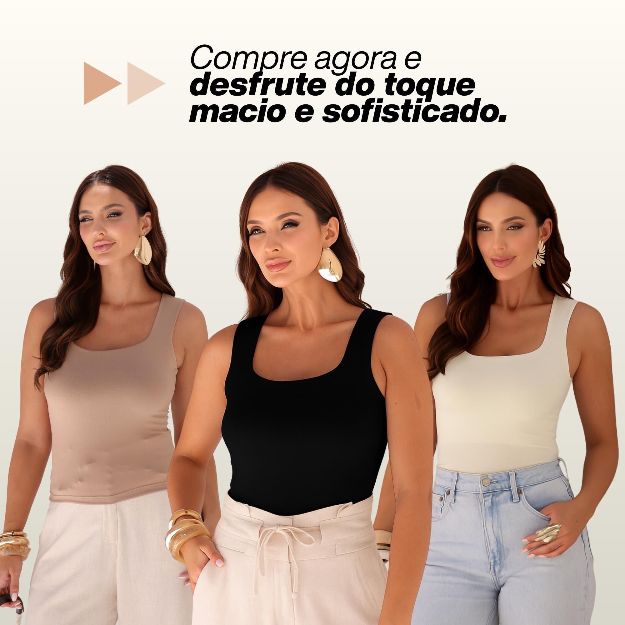 KIT 3 Blusas Regata Feminina Gola Quadrada Alça Larga Moda Verão