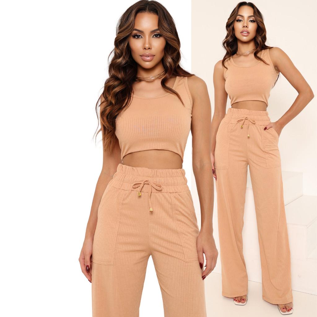 Conjunto Feminino Calça Pantalona e Blusa Regata Canelada Cintura Alta Moda Verão