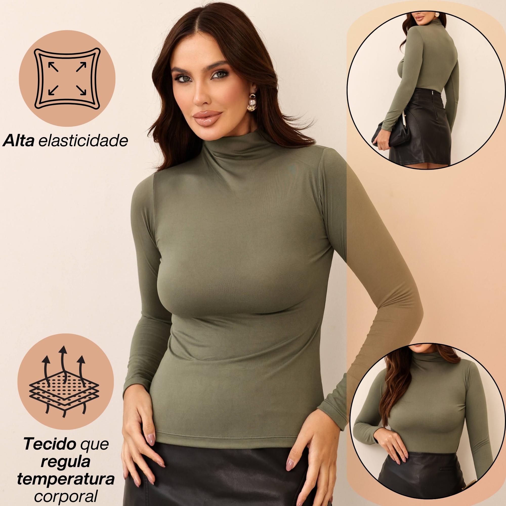KIT 3 Blusa Feminina Gola Alta Manga Longa Segunda Pele Suede Toque de Pessego