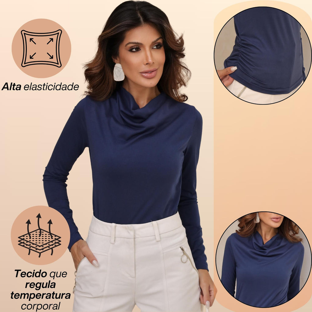 KIT 3  Blusas Manga Longa Feminina Cacharrel Gola Boba Drapeada Segunda Pele Para o Frio Inverno