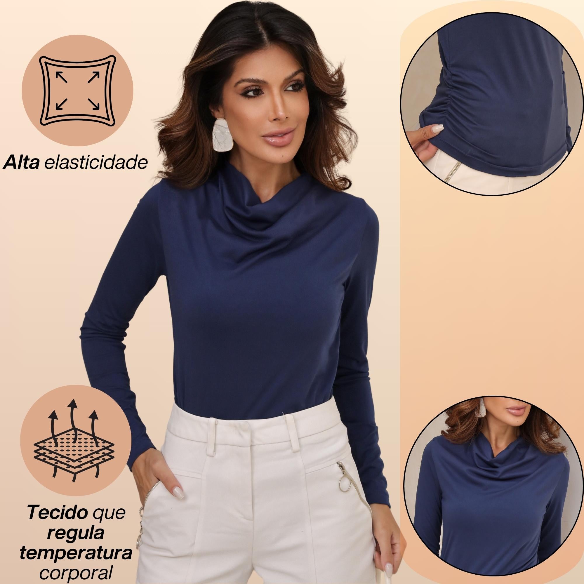 KIT 3  Blusas Manga Longa Feminina Cacharrel Gola Boba Drapeada Segunda Pele Para o Frio Inverno