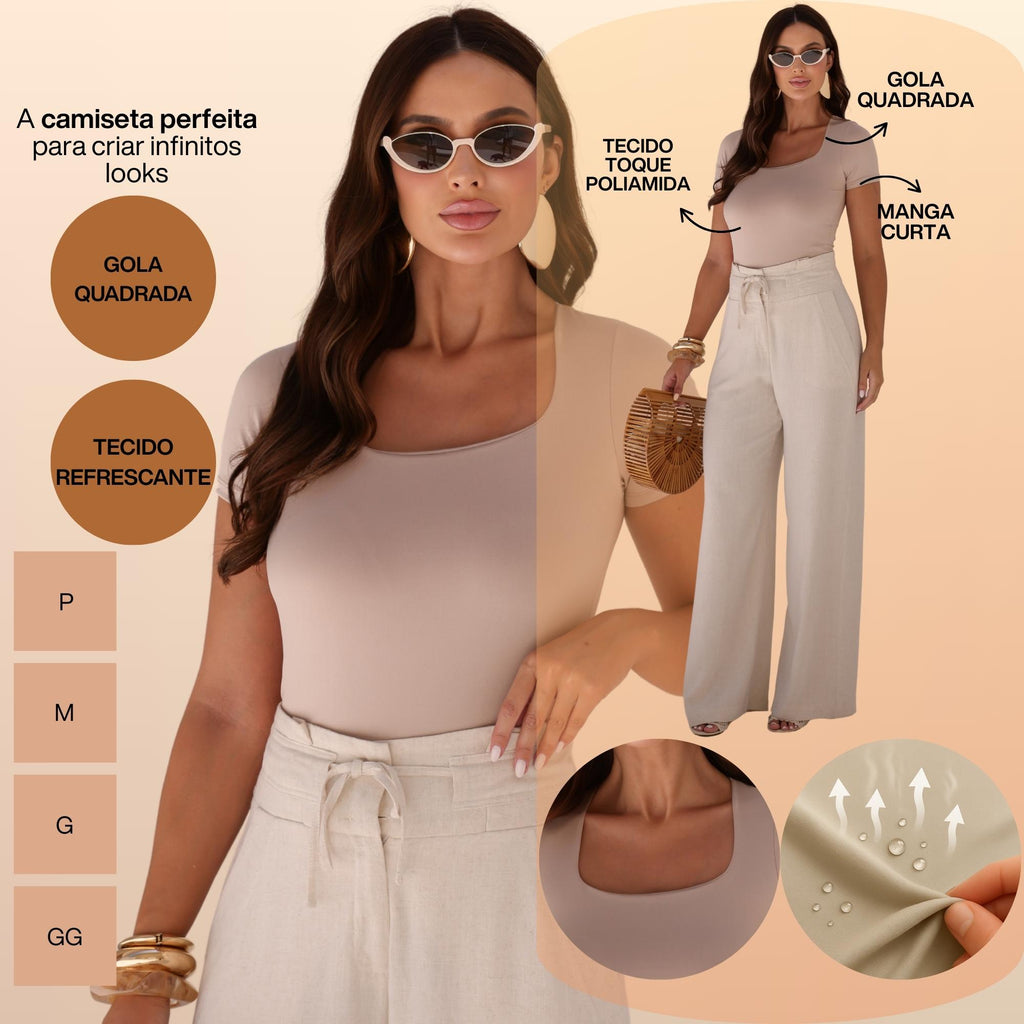 KIT 3 Blusa Feminina Camiseta Gola Quadrada Manga Curta Lisa Suplex Verão