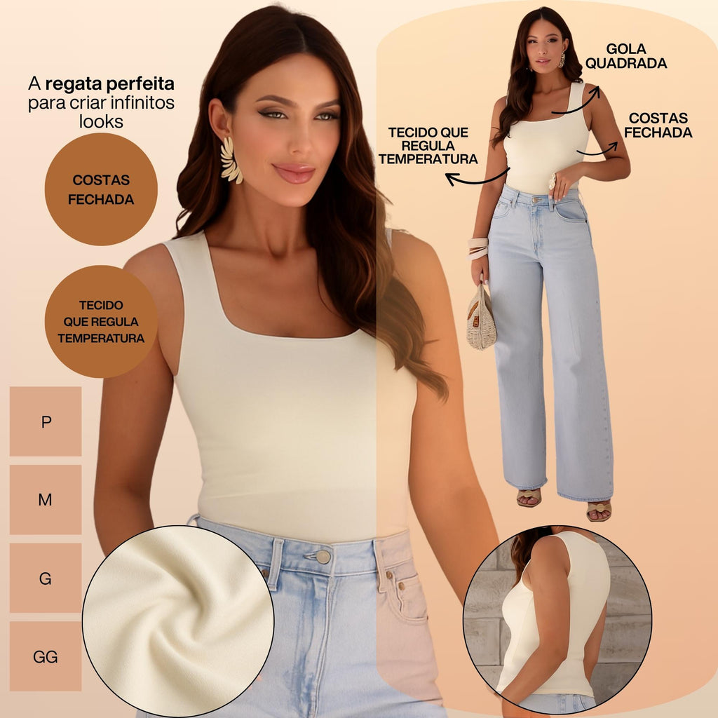 KIT 3 Blusas Regata Feminina Gola Quadrada Alça Larga Moda Verão