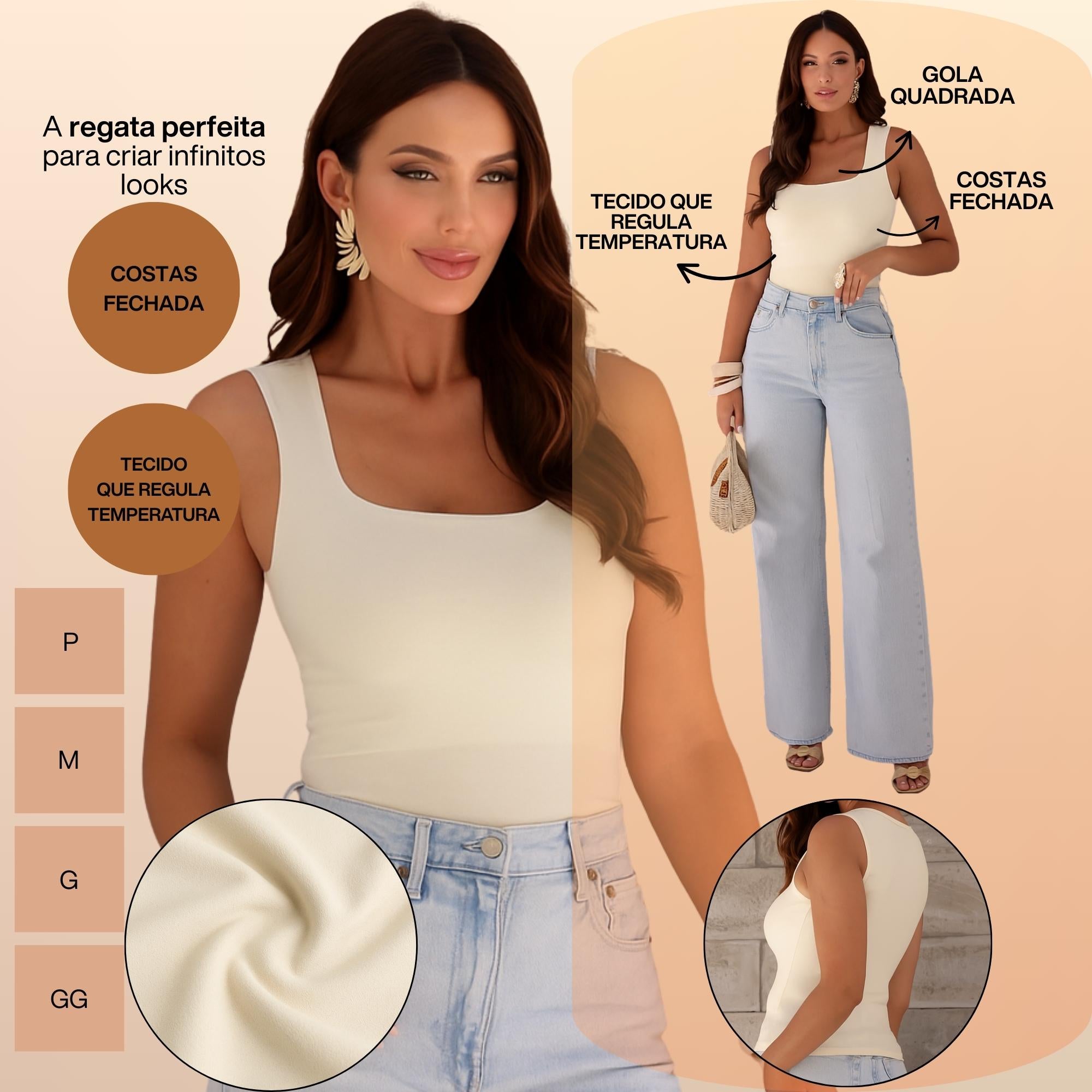 KIT 3 Blusas Regata Feminina Gola Quadrada Alça Larga Moda Verão
